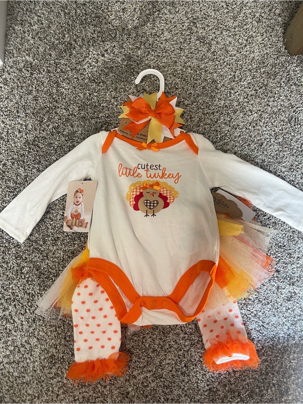 White & Orange "Cutest Little Turkey" Baby Outfit Set